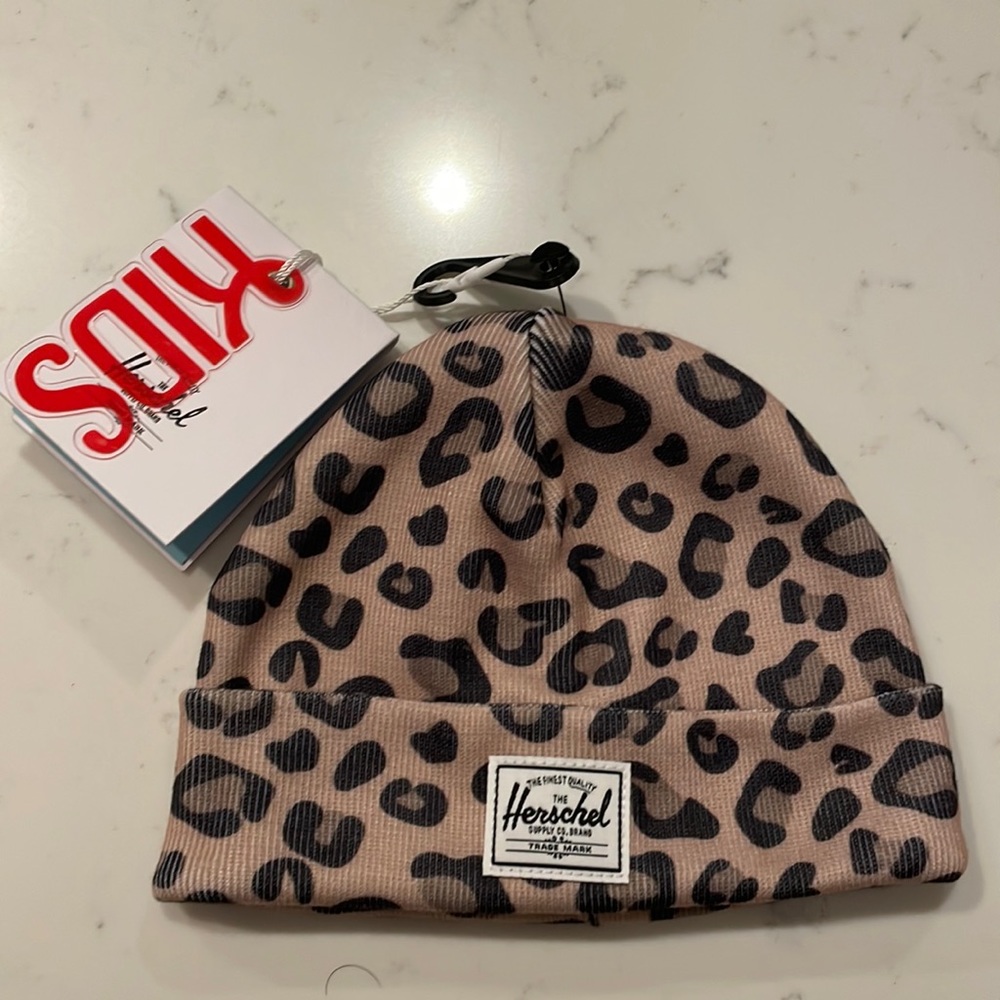 Herschel brand leopard print baby beanie, 6-18 months
